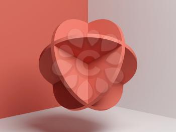 Abstract red spherical compound object over pink white walls background, 3d render illustration
