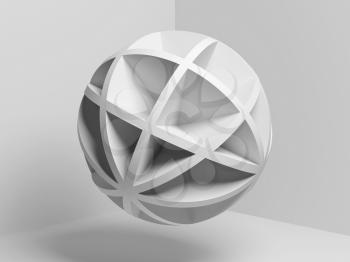 Abstract white compound spherical object over empty room background, 3d render illustration