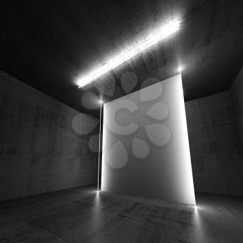 Abstract concrete interior background with empty white vertical banner and neon lights. Square 3d illustration