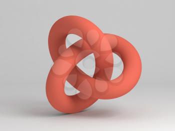 Geometrical representation of a torus knot shape. Abstract red object on white background. 3d rendering illustration