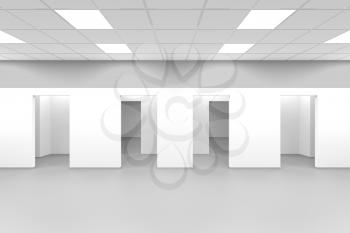 White empty office with blank doors, abstract symmetrical interior background, 3d rendering illustration