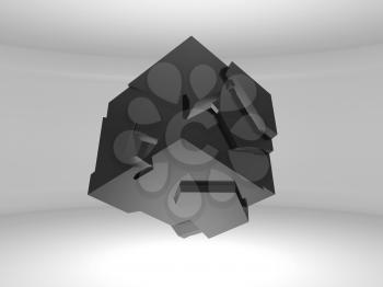 Abstract flying cube object with chaotic fragmentation is in an empty white interior, 3d rendering illustration