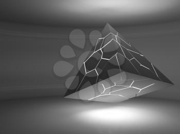 Abstract black flying pyramid object with glowing chaotic fragmentation cracks is in an empty dark interior, 3d rendering illustration