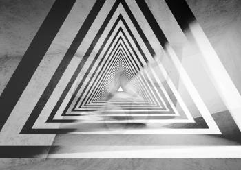 Abstract white triangular tunnel perspective background with double exposure effect and concrete texture layer. 3d render illustration