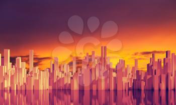 Abstract colorful city under sunset sky. Digital model with geometric skyscrapers skyline, 3d rendering illustration