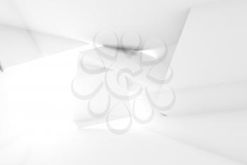 Abstract empty white room interior with geometric installation. Double exposure effect. 3d render illustration
