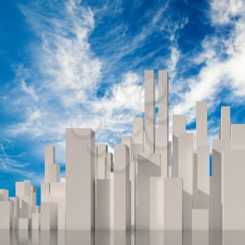 Abstract city under blue cloudy sky. Digital model with geometric tall white skyscrapers block, 3d rendering illustration