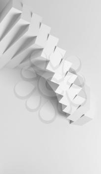 Abstract white geometric background with parametric spiral installation of boxes, vertical 3d rendering illustration 