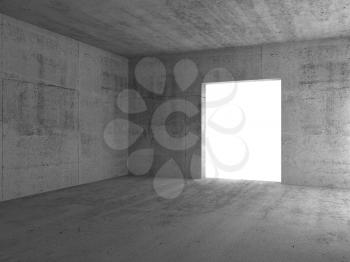 Empty glowing doorway in a corner. Abstract concrete room interior background. 3d rendering illustration