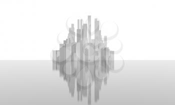 Abstract white city block, small urban island on shiny gray surface isolated on white background. Digital model with geometric tall skyscrapers, 3d rendering illustration