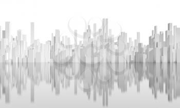 Abstract white city skyline on shiny gray ground isolated on white background. Digital model with geometric tall skyscrapers, 3d rendering illustration