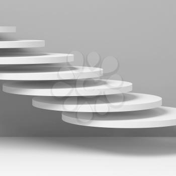 Empty stairs installation of flying white cylindrical objects over gray wall background, square 3d rendering illustration
