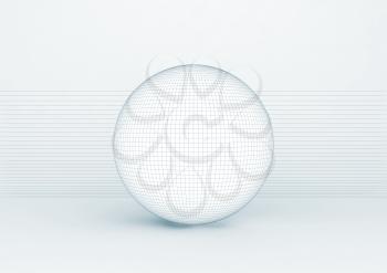 White spherical object with soft shadow and wire frame lines standing over white background, blue toned 3d rendering illustration