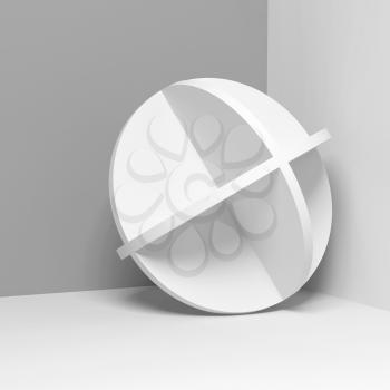 Abstract white round object stands in a corner, square 3d rendering illustration