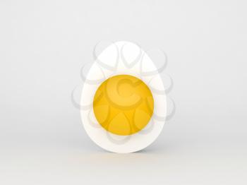 Half of a white chicken egg with whole yolk standing over white background, 3d rendering illustration