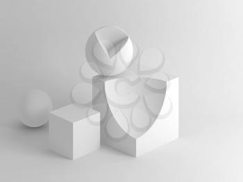 Abstract white still life installation with primitive sliced geometric shapes. Subtract Boolean operation illustration. 3d rendering illustration