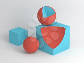 Abstract digital still life installation with red blue geometric shapes over white soft shaded background. Subtract Boolean operation illustration. 3d rendering