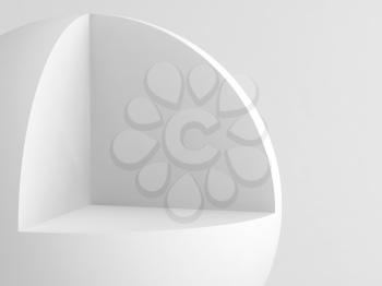 Abstract white geometric installation. Sphere with cubical cut sector. 3d rendering illustration