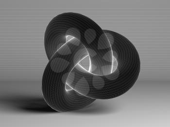 Black torus knot with white wire-frame lines, geometrical representation of parametric surface over gray background. 3d rendering illustration