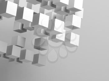 Abstract white flying cubes installation over light gray wall. 3d rendering illustration