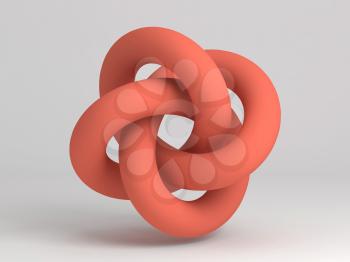 Geometric representation of a torus knot. Abstract red object on white background. 3d rendering illustration