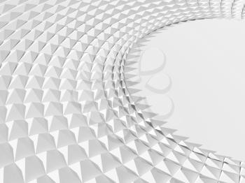 Abstract white geometric background with parametric triangular round structure. Relief pattern with copy-space blank area on a right side, 3d rendering illustration 