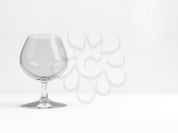 Empty standard brandy balloon glass with soft shadow stands over white background, 3d rendering illustration