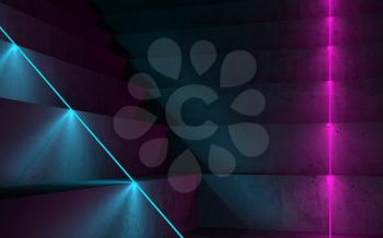 Abstract empty dark interior background with concrete stairs and colorful neon lights, 3d rendering illustration