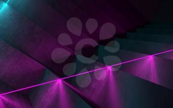 Abstract empty dark concrete interior background with stairs and neon lights, 3d rendering illustration