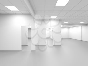 An empty office with white walls and blank doors, abstract interior background, 3d rendering illustration