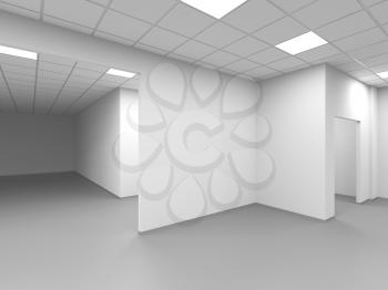 An empty office with white walls, abstract interior background, 3d rendering illustration
