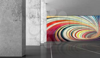 Abstract concrete hall interior background, gray walls, columns and graffiti, 3d rendering illustration