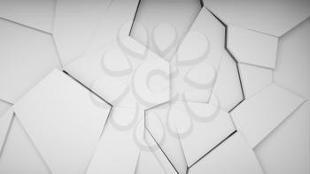 Abstract white cg background texture, polygonal fragmented relief pattern on white wall, front view, 3d rendering illustration