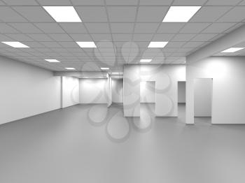 Empty open space office with walls and blank doorways, abstract white interior background, 3d rendering illustration