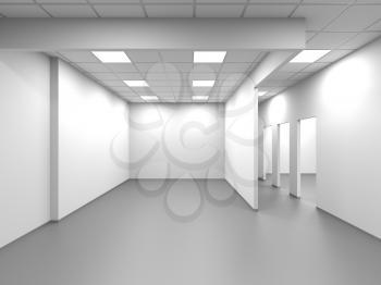 An empty open space office with walls and blank doorways, abstract white interior background, 3d rendering illustration