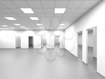 An empty open space office room with white walls and blank doorways, abstract interior background, 3d rendering illustration