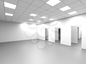 An empty office room with white walls and blank doorways, abstract interior background, 3d rendering illustration