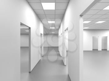An empty office corridor with white walls and blank doorways, abstract interior background, 3d rendering illustration