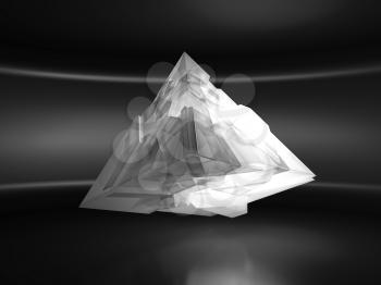 Abstract white flying pyramid crystal object with chaotic fragmentation is in an empty dark interior, 3d rendering illustration