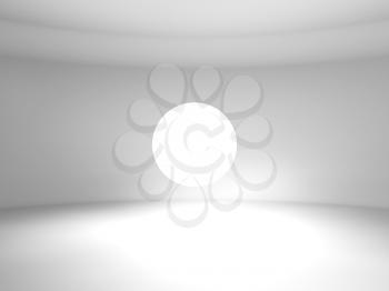 Abstract flying spherical light object is in a white empty interior, 3d rendering illustration