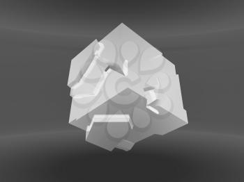 Abstract white flying cube with chaotic fragmentation is in an empty dark gray interior, 3d rendering illustration