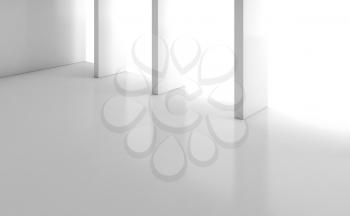 Abstract empty white room interior with columns near light window, minimal architectural background, 3d rendering illustration