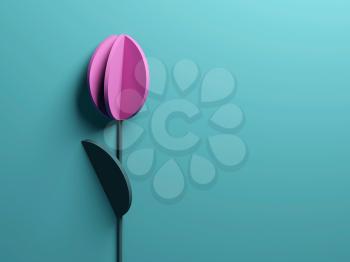Stylized pink paper tulip flower, abstract flat lay installation with copy space area on the right side, 3d rendering illustration