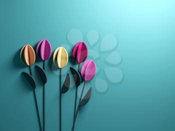 Stylized bouquet of colorful paper tulip flowers, abstract flat lay installation with copy space area on the right side, 3d rendering illustration
