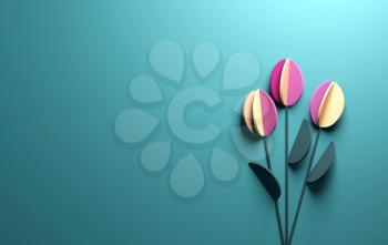 Stylized bouquet of colorful paper tulip flowers, abstract flat lay installation with copy space area on the left side, 3d rendering illustration