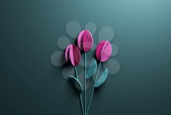 Stylized bouquet of three pink paper tulip flowers, 3d rendering illustration