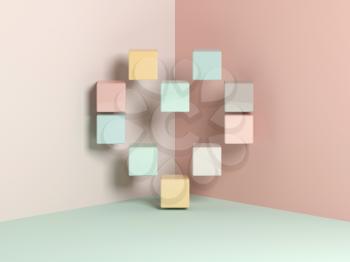 Minimal heart shaped installation of cubes, 3d rendering illustration