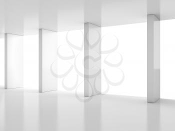 Abstract empty white interior with shiny columns near light window, minimal architecture background, 3d rendering illustration