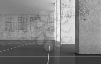 Abstract empty concrete interior background with columns and black floor, 3d rendering illustration