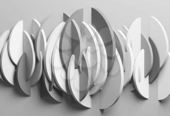 Abstract monochrome background, installation with geometric round slices, 3d rendering illustration